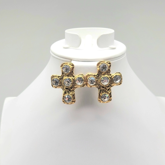 Christian LaCroix Textured Gold Cross Statement Earrings with Swarovski Crystals - Picture 6 of 12